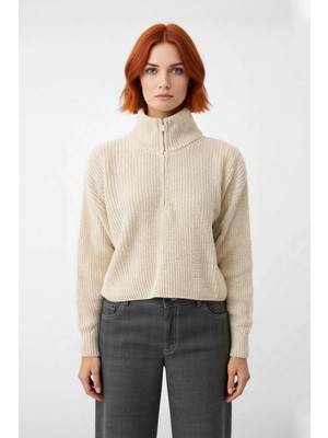 Ersefa Kadın Basic Oversize Düşük Uzun Kollu Crop Fermuarlı Dik Yaka Triko Kazak Kışlık Rahat Stiller