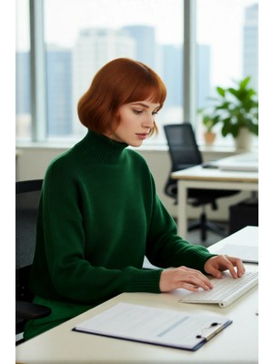 FRM Kadın Oversize Dik Yaka Kışlık Triko Kazak Düz Düşük Kol Modern ve Şık Günlük Kombinler Için