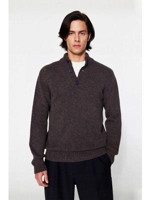 Ersefa Erkek Modern Düğmeli Dik Yaka Fitted Kalıp Triko Kazak Soğuk Kış Günleri Için Ideal Şık Seçim