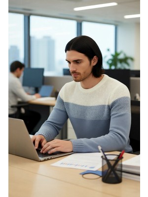 FRM Erkek Rahat Kesim Bisiklet Yaka Renk Bloklu Akrilik Triko Kazak Soğuk Havalar Için Mükemmel