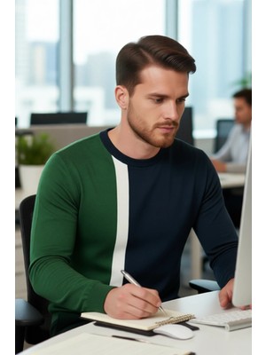 FRM Erkekler Için Casual Günlük Giyim Bisiklet Yaka Renk Bloklu Fitted Kalıp Uzun Kollu Kazak Kaliteli