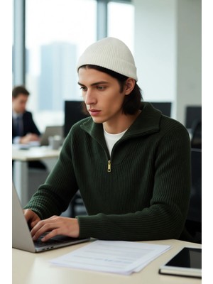 FRM Erkek Casual Giyim Için Ideal Regular Fit Düz Desen Fermuarlı Balıkçı Yaka Kalın Triko Kazak