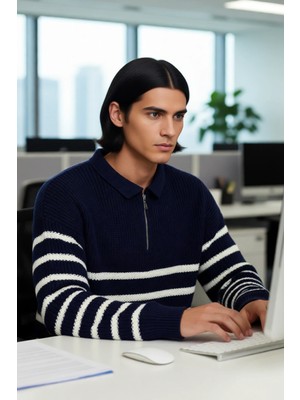 FRM Erkek Polo Yaka Oversize Kalıp Triko Çizgili Kazak Lacivert Renk Kalın Selanik Dokuma Kışlık Giysi