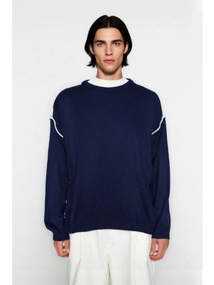 Ersefa Erkek Triko Bisiklet Yaka Oversize Kazak Akrilik Materyal Biye Detaylı Kışlık Konforlu Şıklık