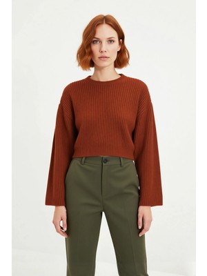 Ersefa Kadın Gri %100 Akrilik Oversize Selanik Dokuma Bisiklet Yaka Ispanyol Kol Crop Triko Kazak