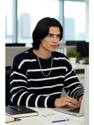 FRM Casual Erkek Kalın Triko Dokulu Bisiklet Yaka Çizgili Oversize Selanik Kışlık Kazak Modeli