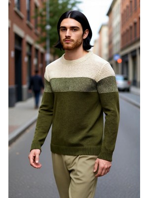 PayBuy Erkek Fitted Bisiklet Yaka Uzun Kollu Renk Bloklu Akrilik Triko Kazak Günlük Şıklık Için Ideal