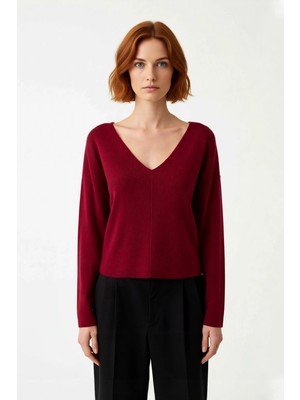 Ersefa Kadın V Yaka Triko Kazak Düz Desen Regular Kalıp Korse Dikiş Detayı Uzun Kol Gündüz Gece Kaliteli