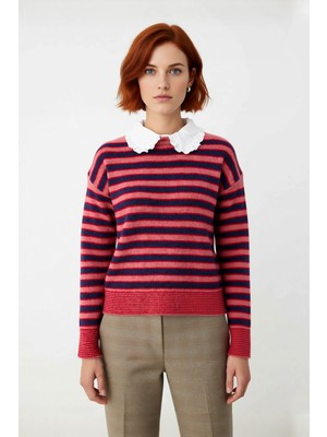 Ersefa Kadın Renk Bloklu Kalın Triko Kazak Kış Sezonu Için Çıkarılabilir Yaka Düşük Kol Rahat Giyim