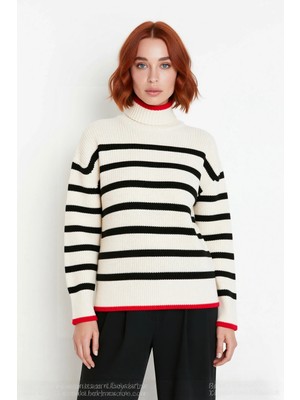Ersefa Modern Kadın Dik Yaka Triko Kazak Oversize Kesim Çizgili Desenli Uzun Kol Rahat Şıklık Kaliteli