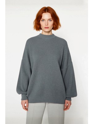 Ersefa Kadın Oversize Basic Uzun Balon Kol Selanik Dokuma Triko Kazak 100% Akrilik Soğuk Havalar Kaliteli