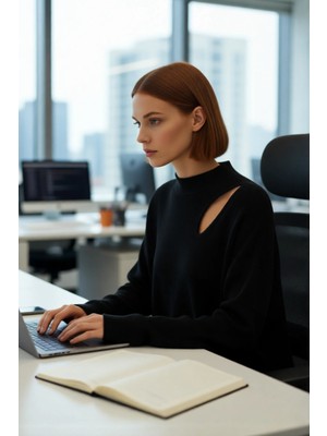 FRM Kadın Basic Oversize Bisiklet Yaka Cut Out Triko Kazak Akrilik Fitilli Uzun Boy Kışlık Rahatlık