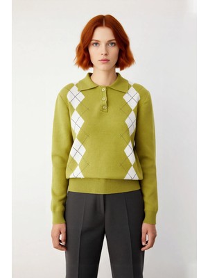 Ersefa Kadın Soğuk Havaların Gözdesi Baklava Desenli Polo Yaka Triko Kazak Konforlu ve Şık Kaliteli