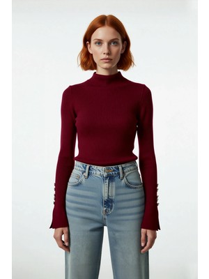 Ersefa Kadınlar Için Dik Yaka Uzun Kollu Fitilli Dokuma Fitted Kesim Triko Kazak Günlük Giyim Kaliteli