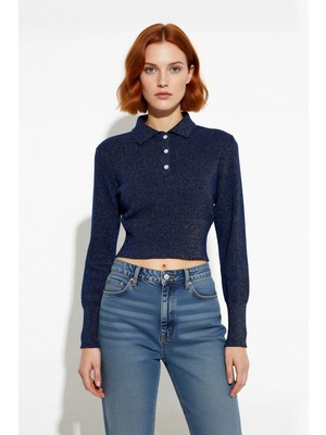 Ersefa Kadın Regular Kalıp Uzun Kollu Polo Yaka Simli Triko Kazak Gündüz ve Gece Kombinleri Için Ideal