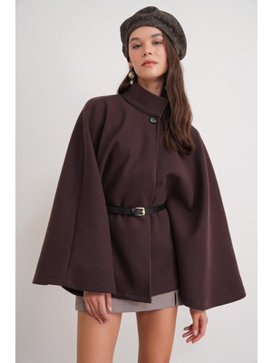 Mixray 4768 Kadın Kemerli Panço Premium Kaşe Ceket Kahve