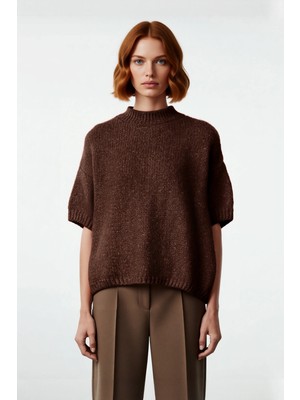 Ersefa Kadın Geniş Kalıp Basic Dik Yaka Kalın Selanik Dokulu Düşük Kısa Kollu Triko Kazak Günlük Şıklık