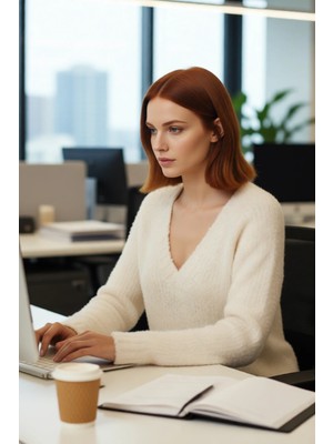 FRM Kadın Günlük Konforlu Bej Akrilik Triko Regular Kalıp Derin V Yaka Uzun Kollu Dokulu Kazak Seçimi