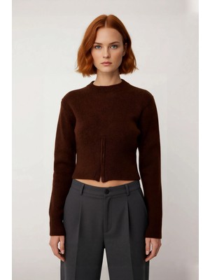 Ersefa Kadınlara Özel Regular Kalıp Crop Boy Triko Bisiklet Yaka Fermuar Detaylı Düz Kalın Kazak Kaliteli