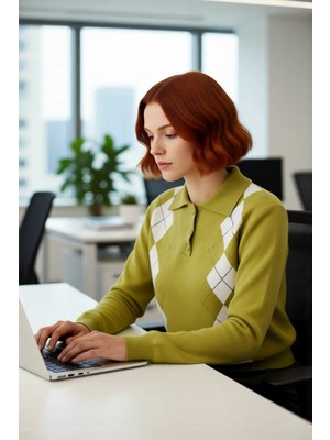 FRM Kadın Baklava Desenli Polo Yaka Triko Kazak Kış ve Sonbahar Şıklığınıza Klasik Bir Dokunuş