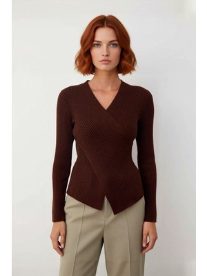 Ersefa Kadın Vücuda Oturan Fitilli Kruvaze Yaka Triko Kazak Uzun Kollu Ilkbahar Sonbahar Rahat Stil Için