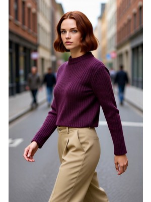 PayBuy Kadın Regular Fit Crop Fitilli Bisiklet Yaka Uzun Kollu Orta Kalın Triko Kazak Kışlık Kombinlerin