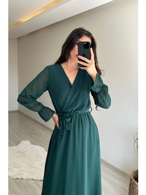 Neşeli Butik Kadın Uzun Kollu Kuşaklı Maxi Şifon Elbise NM001