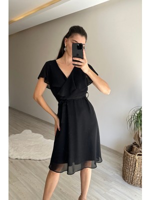 Neşeli Butik Kadın V Yaka Kuşaklı Mini Şifon Elbise NM007