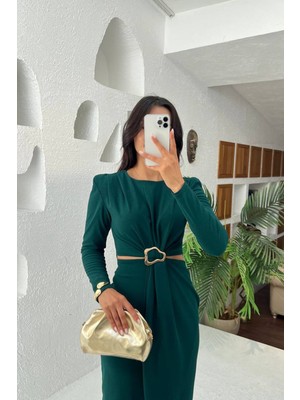 Neşeli Butik Kadın Bel Dekolteli Toka Detaylı Uzun Kollu Elbise NBMY3655