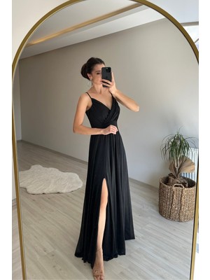 Neşeli Butik Kadın Işıltılı Askılı Yırtmaç Detayı Şifon Abiye Elbise NM002