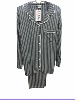 Nena Kadın Uzun Kollu Önden Açık % 100 Pamuk Çizgili Pijama TAKIMI-ANTRASIT-14650