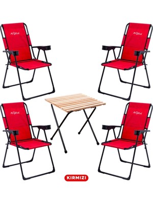 Argeus 4 Adet Katlanır Kamp Sandalyesi ve Masa Seti - Rest - Kırmızı - 130 kg Taşıma