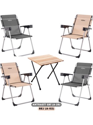 Argeus 4 Adet Katlanır Kamp Sandalyesi ve Masa Seti - Rock - Bej/antrasit - Bardaklıklı - 140 kg
