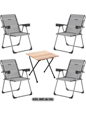 Argeus 4 Adet Katlanır Kamp Sandalyesi ve Masa Seti - Rock - Kül Gri A14 - Bardaklıklı - 140 kg