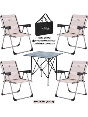 Argeus 4 Adet Katlanır Kamp Sandalyesi ve Alüminyum Masa Seti - Rock Dark - Bozkır - Taşıma Çantalı