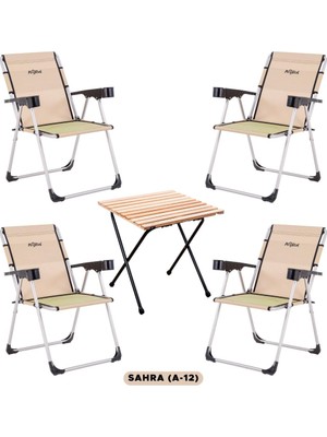 Argeus 4 Adet Katlanır Kamp Sandalyesi ve Masa Seti - Rock - Sahra - Bardaklıklı - 140 kg