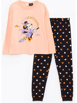 LC Waikiki Lcw Kids Mercan Bisiklet Yaka Minnie Mouse Baskılı Uzun Kollu Kız Çocuk Pijama Takımı