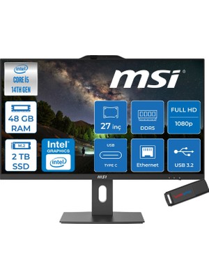 MSI Msı Pro AP272P Intel Core I5 14400 48GB Ddr5 2tb SSD Freedos 27 Inç FULLHD(1920×1080) Siyah All In One Bilgisayar 14M876XTRF24 + Zetta Flash Bellek