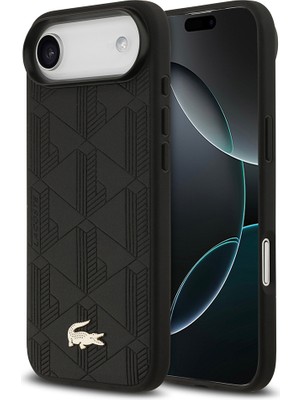 iPhone 17 Air Uyumlu Kılıf Lacoste Lisanslı M-Safeli Pu Deri Karışık Monogram Desenli Kapak Siyah