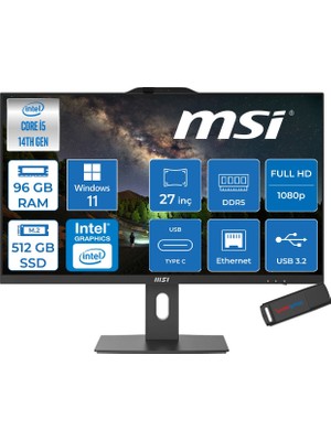 MSI Msı Pro AP272P Intel Core I5 14400 40GB Ddr5 256GB SSD Windows 11 Pro 27 Inç FULLHD(1920×1080) Siyah All In One Bilgisayar 14M876XTRP16 + Zetta Flash Bellek