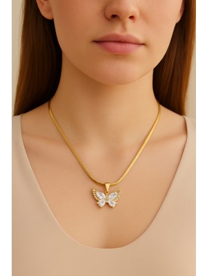 Pirlento Çelik Italyan Zincir ve Zirkon Taşlı Kelebek Model Kadın Kolye