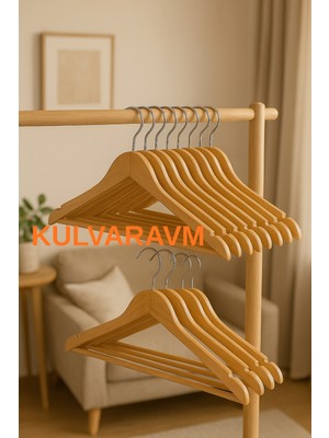 Kulvar AVM 12 Adet Ahşap Naturel Vernikli Elbise Askısı