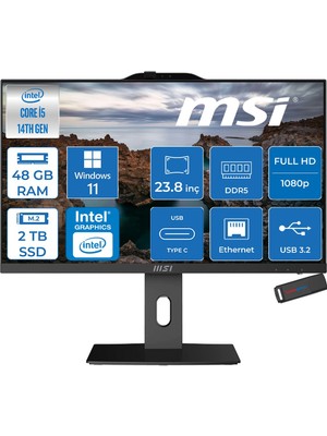 MSI Msı Pro AP242P Intel Core I5 14400 48GB Ddr5 2tb SSD Windows 11 Pro 23.8 Inç FULLHD(1920×1080) Siyah All In One Bilgisayar 14M887XTRP24 + Zetta Flash Bellek