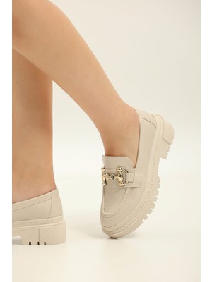 Yula Fashion Shoes Togga Kadın Günlük Kullanım Tokalı Loafer -Bej Cilt