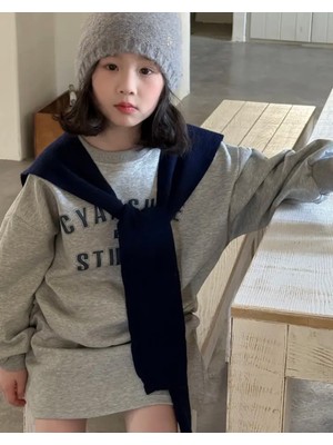 Kids Face Özel Tasarım Motto Baskılı 3 Iplik Kışlık Bisiklet Yaka Kız Çocuk Şık Sweatshırt Etek Takımı