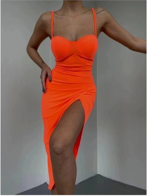 Morliva Ip Askılı Gloplu & Yırtmaçlı Turuncu Midi Elbise