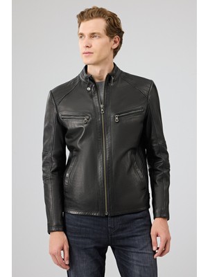 Derimod Jefferson Erkek Siyah Hakim Yaka Slim-Fit Deri Ceket 25WGF6584WF