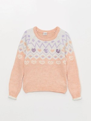 LC Waikiki Lcw Eco Pembe Bisiklet Yaka Desenli Uzun Kollu Kız Çocuk Triko Kazak