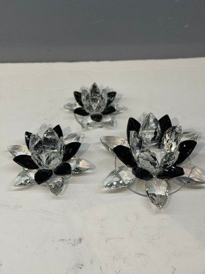 Peramari Dekoratif Kristal Cam Üçlü Cam Lotus Mumluk Siyah