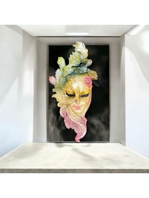 Peramari Dekoratif Polyester Duvara Asmalı Tavus Kuşu Kadın Yüz Maske Tablo Yeşil Pembe